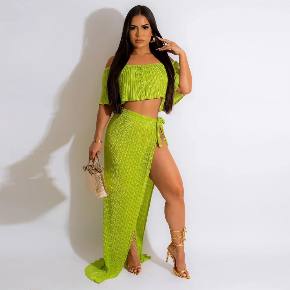 Chic Ruffles Pleated Summer Outfits 2023: Off Shoulder Crop Top + Slit Skirt Club Set